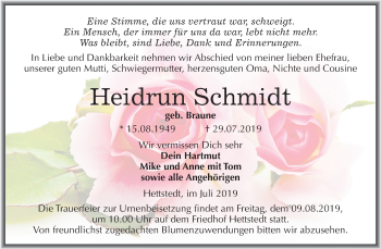 Traueranzeige von Heidrun Schmidt von Wochenspiegel Mansfelder Land