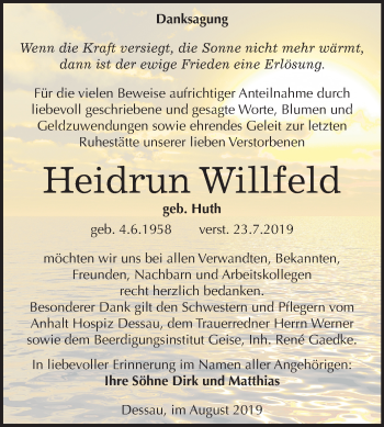 Traueranzeige von Heidrun Willfeld von Mitteldeutsche Zeitung Dessau-Roßlau
