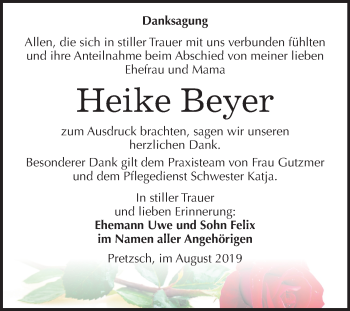 Traueranzeige von Heike Beyer von Super Sonntag Wittenberg