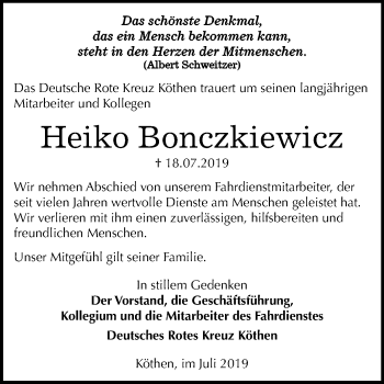 Traueranzeige von Heiko Bonczkiewicz von Super Sonntag Köthen