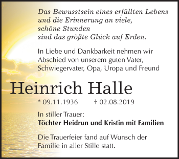Traueranzeige von Heinrich Halle von Mitteldeutsche Zeitung Halle/Saalkreis