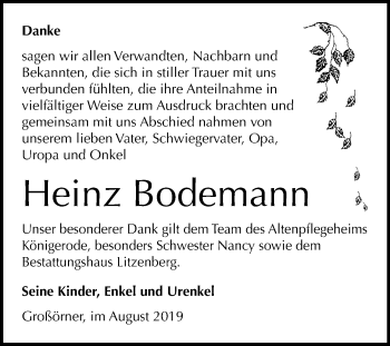 Traueranzeige von Heinz Bodemann von Mitteldeutsche Zeitung Mansfelder Land