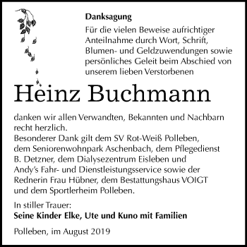 Traueranzeige von Heinz Buchmann von Wochenspiegel Mansfelder Land