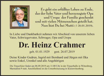 Traueranzeige von Heinz Crahmer von Super Sonntag Wittenberg