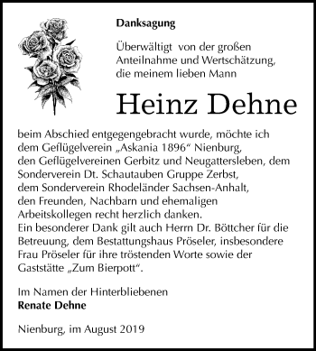 Traueranzeige von Heinz Dehne von Mitteldeutsche Zeitung Bernburg