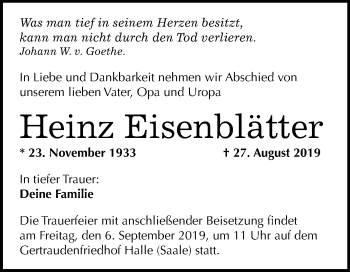 Traueranzeige von Heinz Eisenblätter von Mitteldeutsche Zeitung Halle/Saalkreis