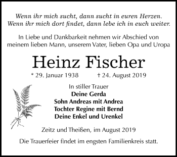 Traueranzeige von Heinz Fischer von Super Sonntag Zeitz