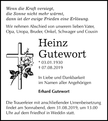 Traueranzeige von Heinz Gutewort von Super Sonntag Wittenberg