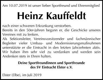 Traueranzeige von Heinz Kauffeldt von Super Sonntag Wittenberg