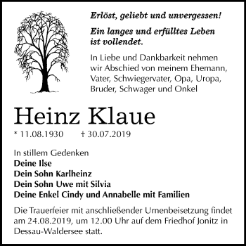Traueranzeige von Heinz Klaue von Super Sonntag Dessau-Roßlau