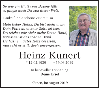 Traueranzeige von Heinz Kunert von Super Sonntag Köthen