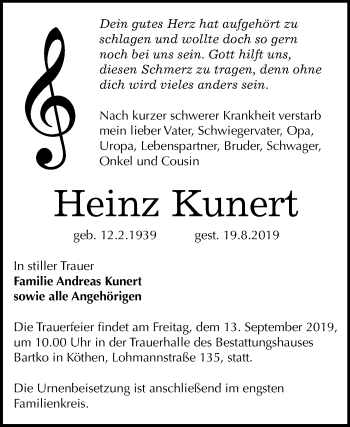 Traueranzeige von Heinz Kunert von Super Sonntag Köthen