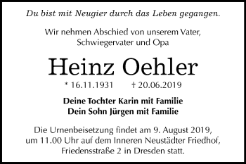 Traueranzeige von Heinz Oehler von Mitteldeutsche Zeitung Merseburg/Querfurt