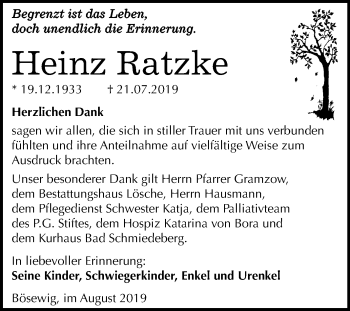Traueranzeige von Heinz Ratzke von Mitteldeutsche Zeitung Wittenberg