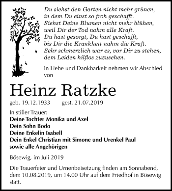 Traueranzeige von Heinz Ratzke von Super Sonntag Wittenberg