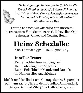 Traueranzeige von Heinz Schedalke von Mitteldeutsche Zeitung Halle/Saalkreis