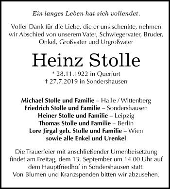 Traueranzeige von Heinz Stolle von Mitteldeutsche Zeitung Merseburg/Querfurt