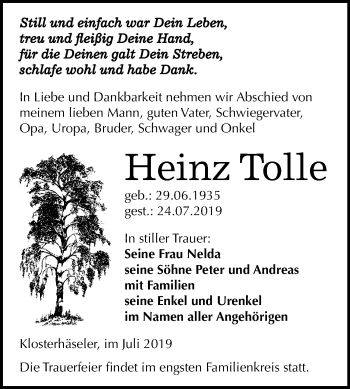 Traueranzeige von Heinz Tolle von Mitteldeutsche Zeitung Naumburg/Nebra