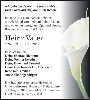 Traueranzeige von Heinz Vater von Super Sonntag Quedlinburg