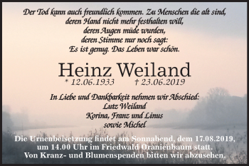Traueranzeige von Heinz Weiland von Super Sonntag Dessau-Roßlau