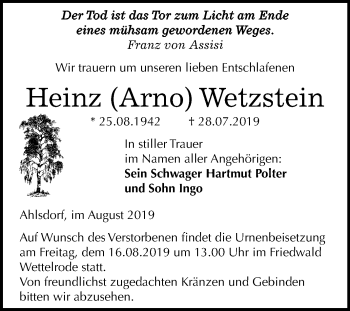 Traueranzeige von Heinz Wetzstein von Mitteldeutsche Zeitung Mansfelder Land