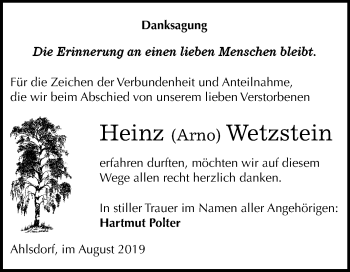 Traueranzeige von Heinz Wetzstein von Mitteldeutsche Zeitung Mansfelder Land