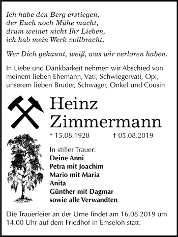 Traueranzeige von Heinz Zimmermann von Mitteldeutsche Zeitung Sangerhausen