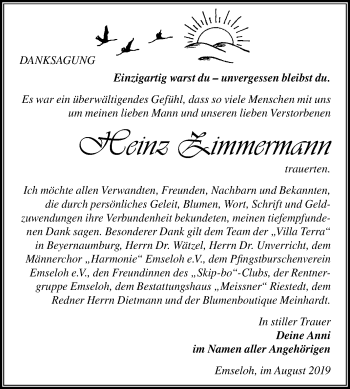 Traueranzeige von Heinz Zimmermann von Mitteldeutsche Zeitung Sangerhausen