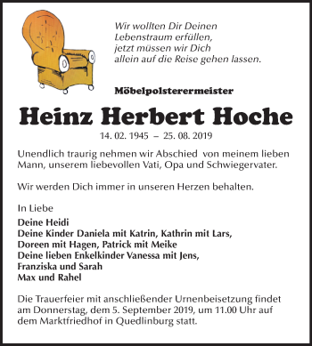 Traueranzeige von Heinz Herbert Hoche von Super Sonntag Quedlinburg