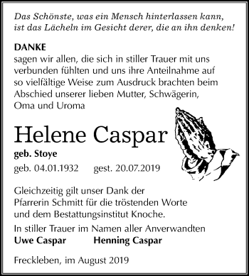 Traueranzeige von Helene Caspar von Super Sonntag Aschersleben