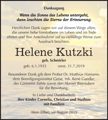 Traueranzeige von Helene Kutzki von Mitteldeutsche Zeitung Köthen