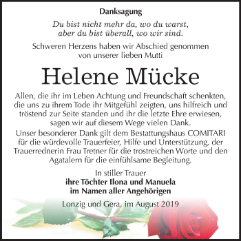 Traueranzeige von Helene Mücke von Mitteldeutsche Zeitung Zeitz