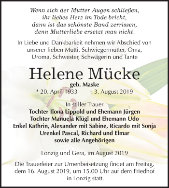 Traueranzeige von Helene Mücke von Super Sonntag Zeitz