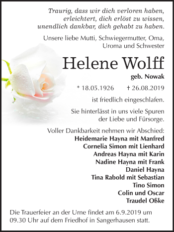 Traueranzeige von Helene Wolff von Mitteldeutsche Zeitung Sangerhausen