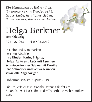 Traueranzeige von Helga Berkner von Mitteldeutsche Zeitung Weißenfels