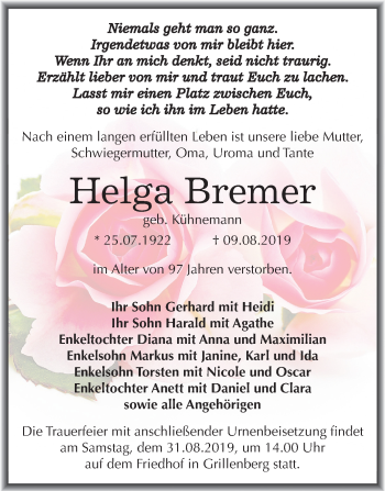 Traueranzeige von Helga Bremer von Super Sonntag Sangerhausen