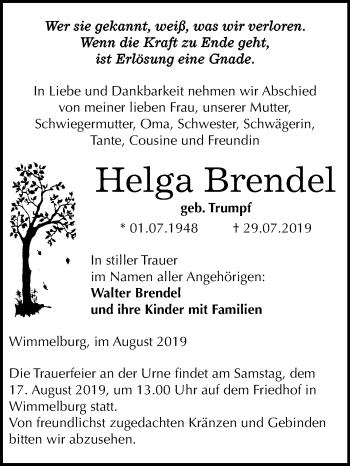 Traueranzeige von Helga Brendel von Mitteldeutsche Zeitung Mansfelder Land