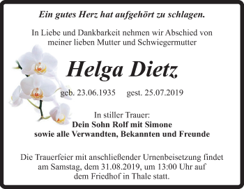 Traueranzeige von Helga Dietz von Super Sonntag Quedlinburg