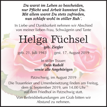 Traueranzeige von Helga Füchsel von Mitteldeutsche Zeitung Wittenberg