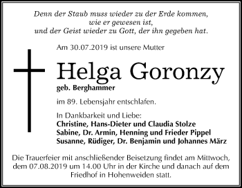 Traueranzeige von Helga Goronzy von Super Sonntag Merseburg/Querfurt