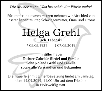 Traueranzeige von Helga Grehle von Mitteldeutsche Zeitung Bitterfeld