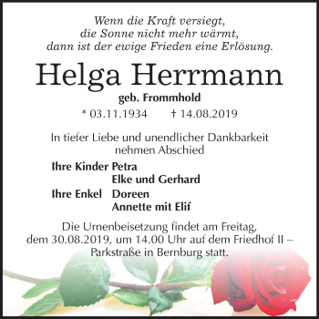 Traueranzeige von Helga Herrmann von Super Sonntag Bernburg