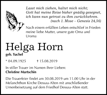 Traueranzeige von Helga Horn von Super Sonntag Dessau-Roßlau
