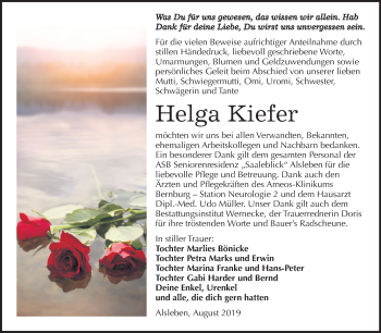Traueranzeige von Helga Kiefer von Mitteldeutsche Zeitung Bernburg