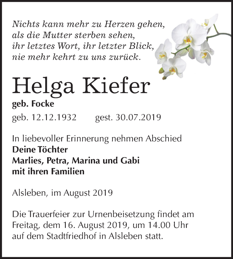  Traueranzeige für Helga Kiefer vom 09.08.2019 aus Mitteldeutsche Zeitung Bernburg
