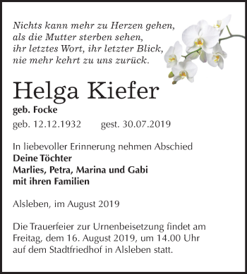 Traueranzeige von Helga Kiefer von Mitteldeutsche Zeitung Bernburg