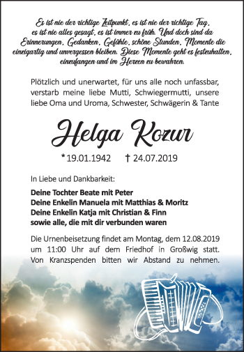 Traueranzeige von Helga Kozur von Mitteldeutsche Zeitung Wittenberg
