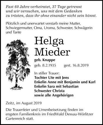 Traueranzeige von Helga Mieder von Super Sonntag Zeitz