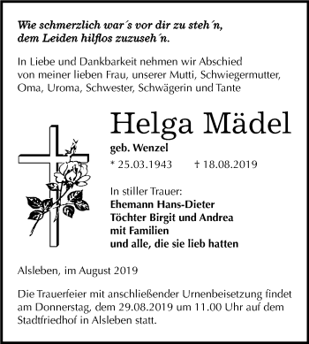 Traueranzeige von Helga Mädel von Mitteldeutsche Zeitung Bernburg