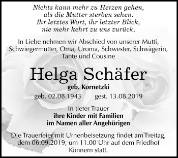 Traueranzeige von Helga Schäfer von Super Sonntag Bernburg
